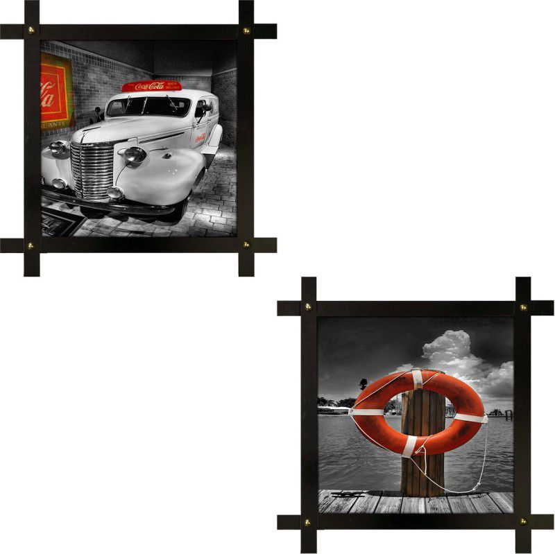 Poster N Frames 2(two) Hand-Crafted Decorative Style Wooden Frame with photo of Car and Dock area each Size :16.5X16.5-inch (42x42-cm) Digital Reprint 16.5 inch x 16.5 inch Painting  (With Frame, Pack of 2)