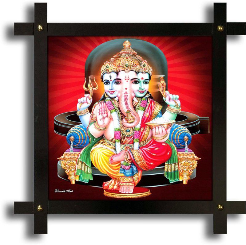 Poster N Frames Cross Wooden Frame Hand-Crafted with photo of Ganeshji Digital Reprint 16.5 inch x 16.5 inch Painting  (With Frame)