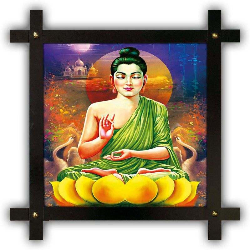 Poster N Frames Cross Wooden Frame Hand-Crafted with photo of Buddha m-90-Crossframe Digital Reprint 16.5 inch x 16.5 inch Painting  (With Frame)