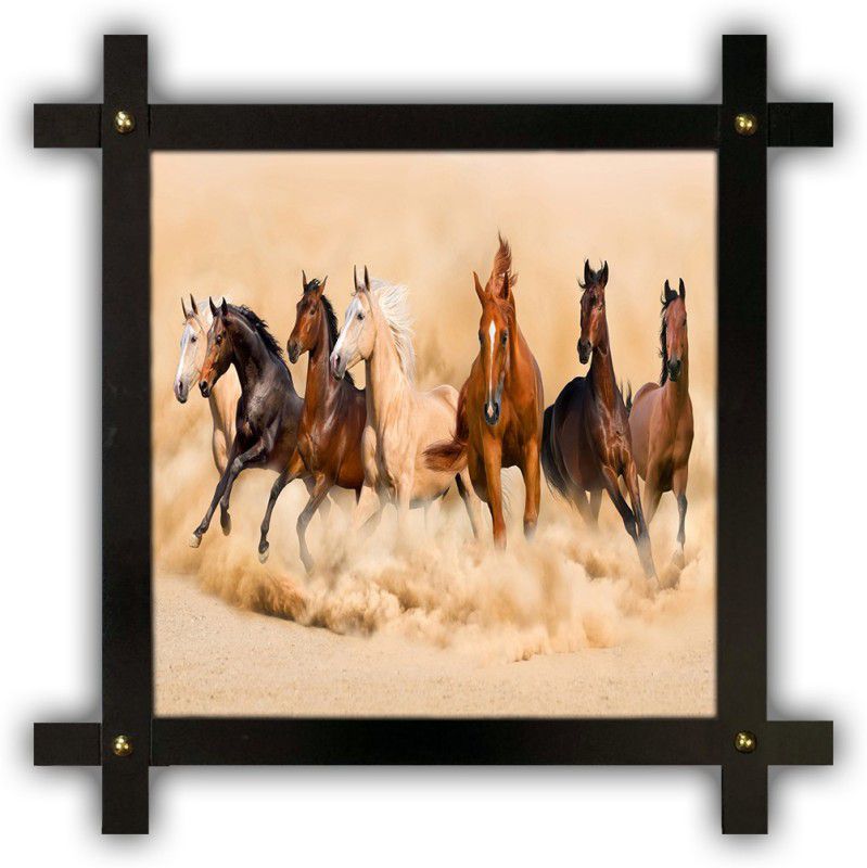 Poster N Frames Cross Wooden Frame Hand-Crafted with photo of vastu 7 (Seven) Horse 18273 crossframe Digital Reprint 16.5 inch x 16.5 inch Painting  (With Frame)