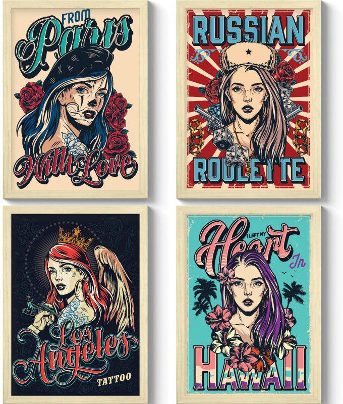 GS Decor Set of 4 Russian Roulette Girls Wall Art - Plexi Glass | Boho Room Decor - Wooden Frame Digital Reprint 12 inch x 9 inch Painting  (With Frame, Pack of 4)