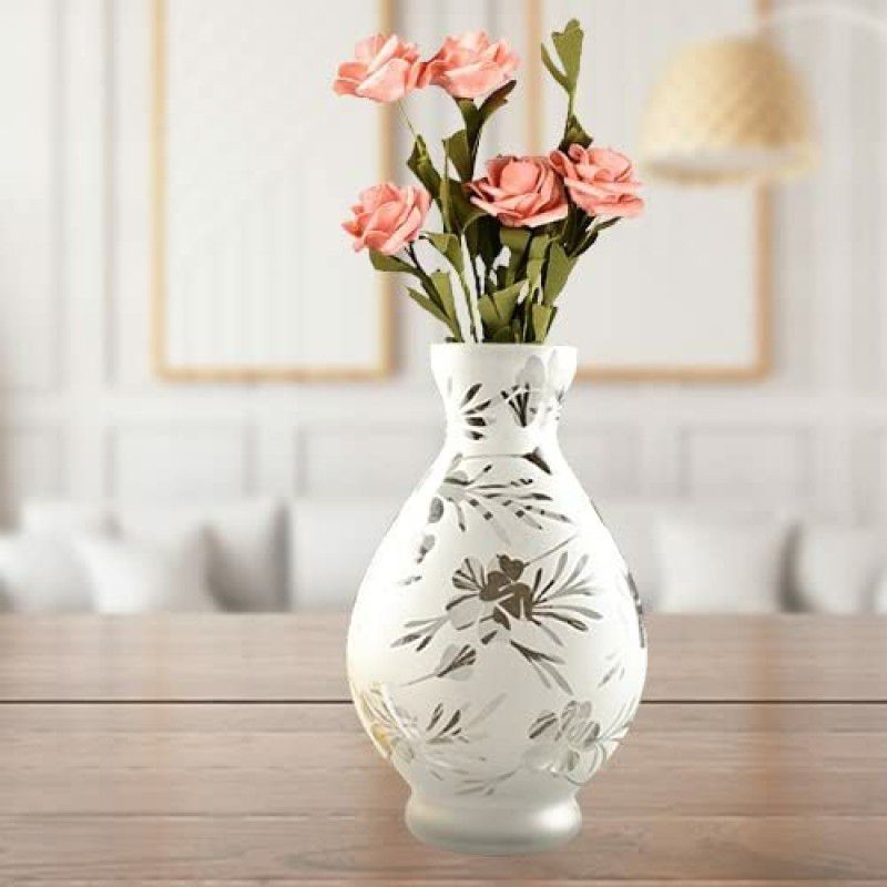 Namisha Oval Glass Vase | WITH ARTIFICIAL MONEY PLANT | Elegant Frosted vase Glass Vase  (9.4 inch, White)