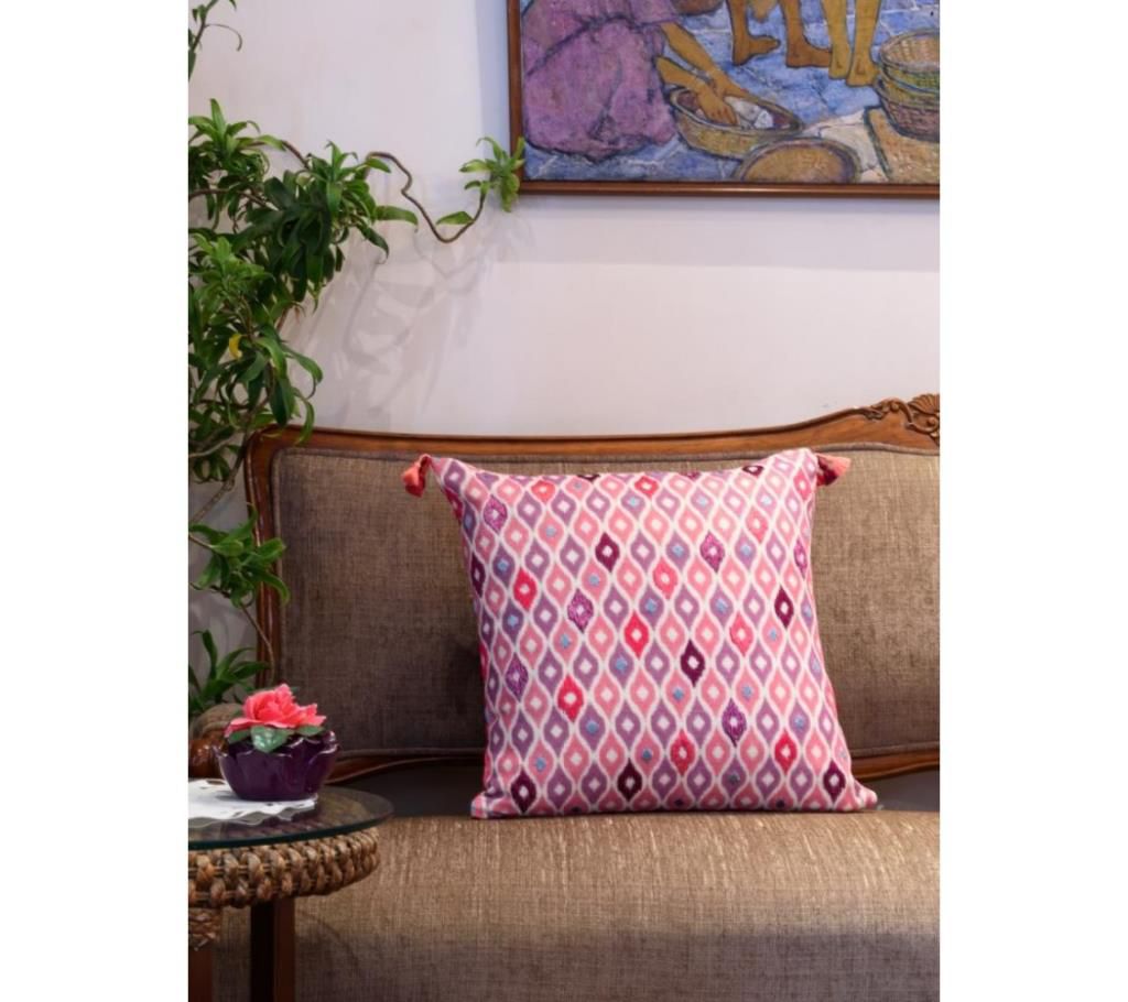 Ikat/ Pink Printed & Hand Embroidered Cushion Cover by Ivoryniche