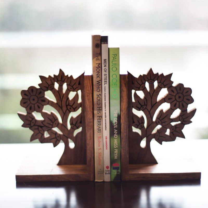 ExclusiveLane Hand Carved & Engraved Tree Of Life Wood Book End  (Brown, Pack of 2)