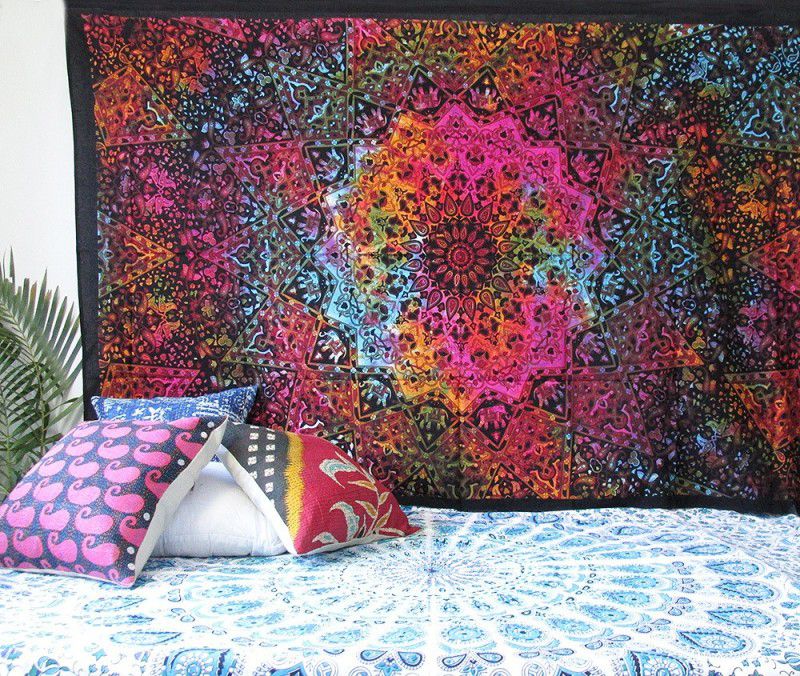 Craft Kala Maroon star Peacock Mandala Flag Tapestry  (Multicolor)