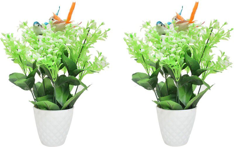 Yash Enterprises 2 Small Bird Artificial Plant Bonsai Wild Artificial Plant with Pot  (25 cm, Multicolor)