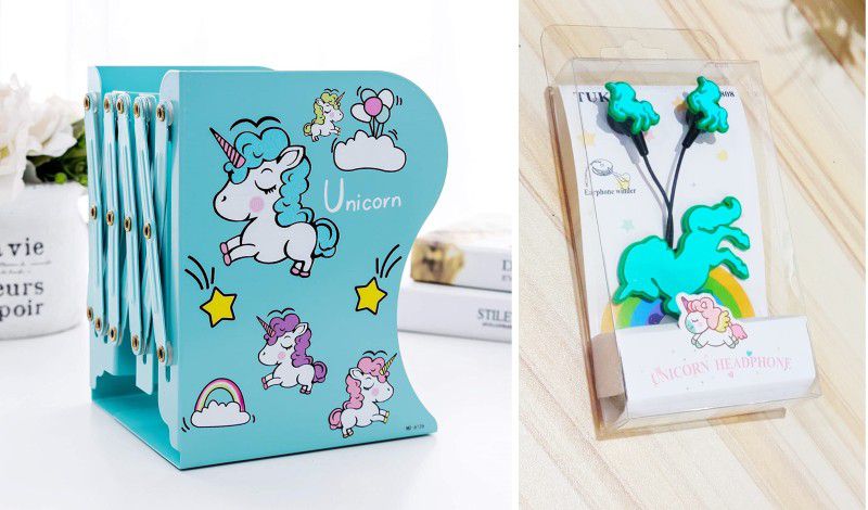 Style My Home Unicorn Book Holder Stand/Book Organizer Rack and Unicorn Earphone (Blue) for Kids/Girls Carbon Steel Book End  (Blue, Pack of 2)