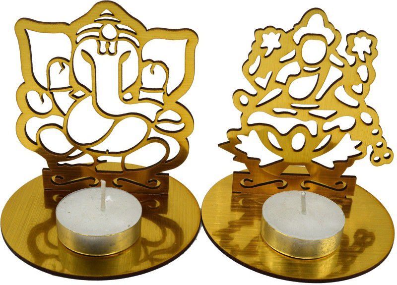 ME&YOU Handmade Laxmi Ganesh Shadow Decorative Tea Light Holder Wooden 2 - Cup Tealight Holder Set  (Gold, Pack of 2)