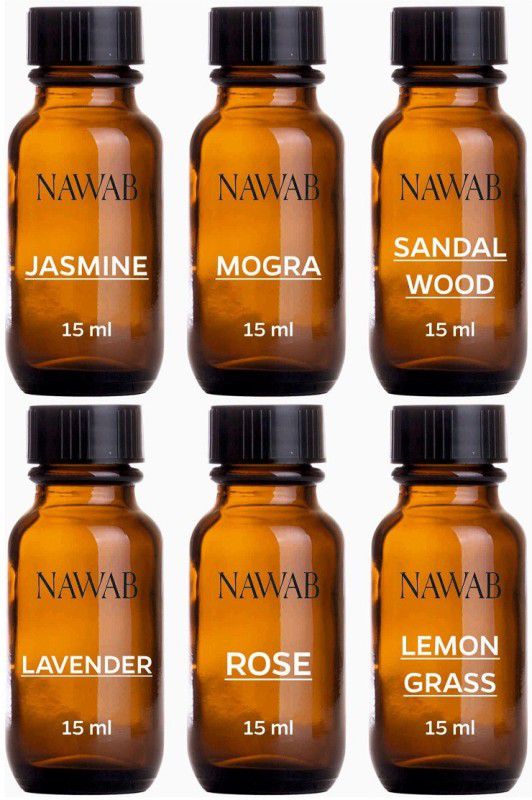 NAWAB Set of 6 essential aroma Diffuser oil (Lavender,Lemongrass,Rose,Jsamine,Sandalwood,Mogra-15ml each) Aroma Oil  (3 x 30 ml)