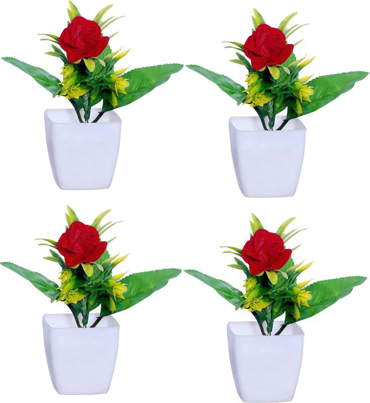 S-Biv Set of 4 Mini Red Rose Flowers for Multi use Bonsai Artificial Plant with Pot  (15 cm, Multicolor, Red, Yellow, Pink, Orange, Green)