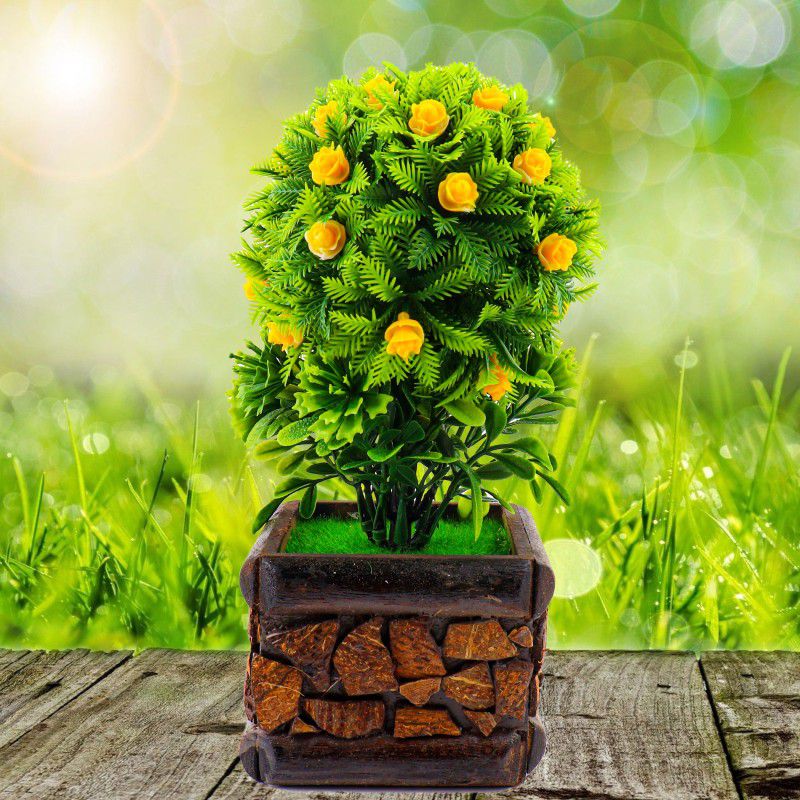 Khubi Gifts And Stationaries Artificial Gorgeous Mini Round Bunch Of Flowers And Leaf’s With Pot Bonsai Artificial Plant with Pot  (22 cm, Yellow)