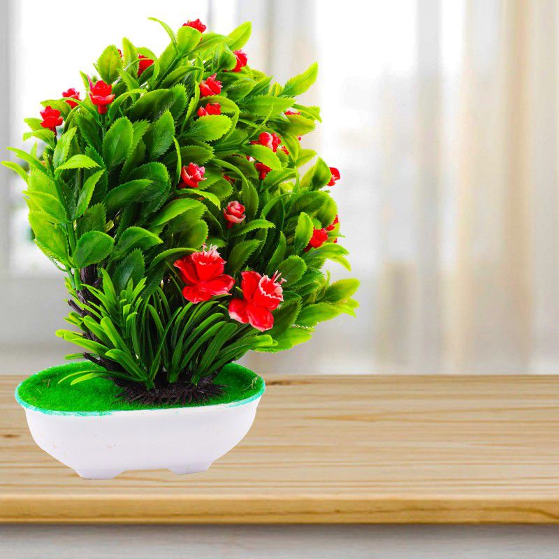 Khubi Gifts And Stationaries Artificial Elegant Mini Bunch Of Flowers And Leaf’s With White Oval Planter Bonsai Wild Artificial Plant with Pot  (22 cm, Red)