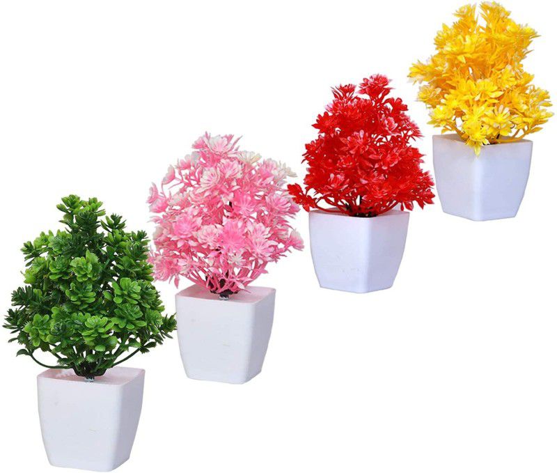RGC Royal Artificial plants flowers and Shrubs Bonsai Wild Artificial Plant with Pot  (15 cm, Red, Pink, Yellow, Green)