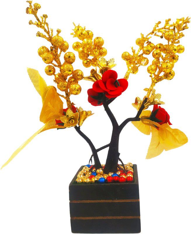 BEAUTYAVENUE Artificial Rose Flower Plant with Golden Leaves in Wooden Pot (9 Inches) Bonsai Artificial Plant with Pot  (23 cm, Multicolor)
