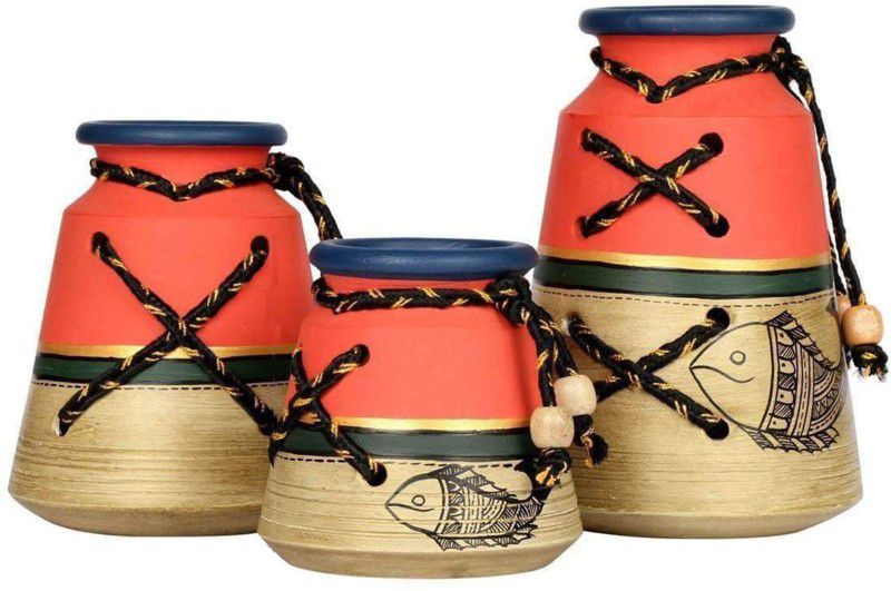 AAKRITI ART CREATIONS AAC-41-61-78 Vase Filler  (Earthen Vase in Knitted Pattern with Madhubani Art)