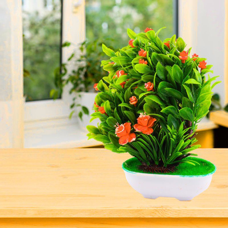 Khubi Gifts And Stationaries Artificial Elegant Mini Bunch Of Flowers And Leaf’s With White Oval Planter Bonsai Wild Artificial Plant with Pot  (22 cm, Orange)