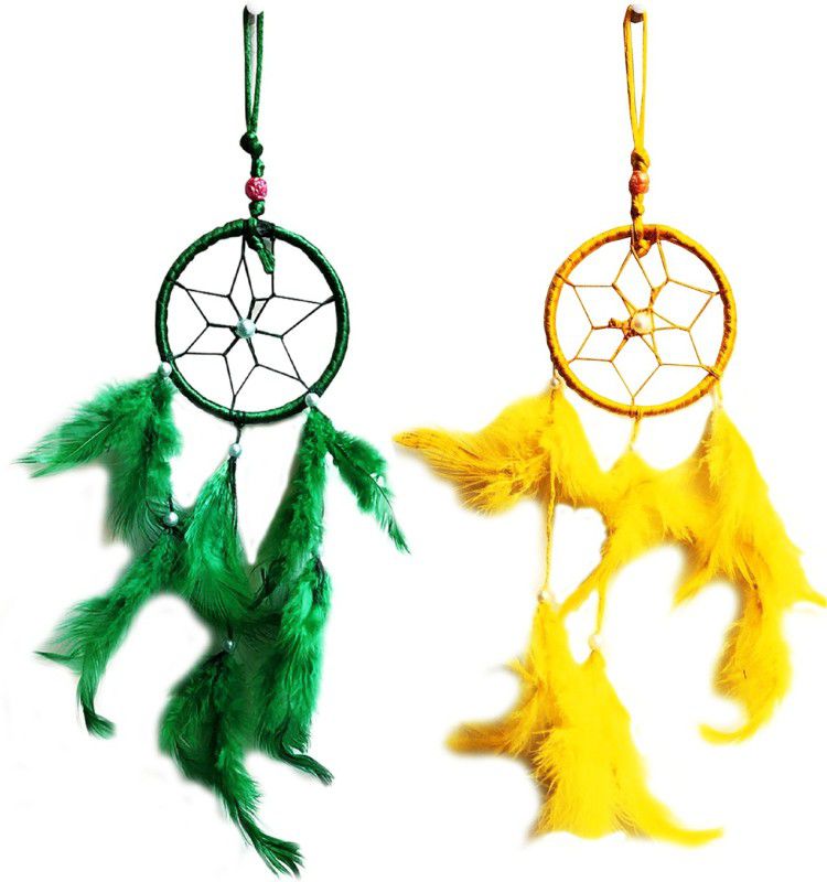 ME&YOU Wall Hanging Round Green and Yellow Dream Catcher for Attract Positive Dreams Protect Sleeping People Children from Bad Dreams and Nightmares IZ19DreamCatcherPack2-GY-002 Silk Dream Catcher  (14.5 inch, Green, Yellow)