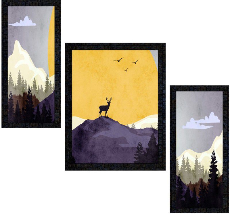 Poster N Frames Set Of 3 framed Deer painting-2343 Digital Reprint 13.5 inch x 10.5 inch Painting  (With Frame, Pack of 3)