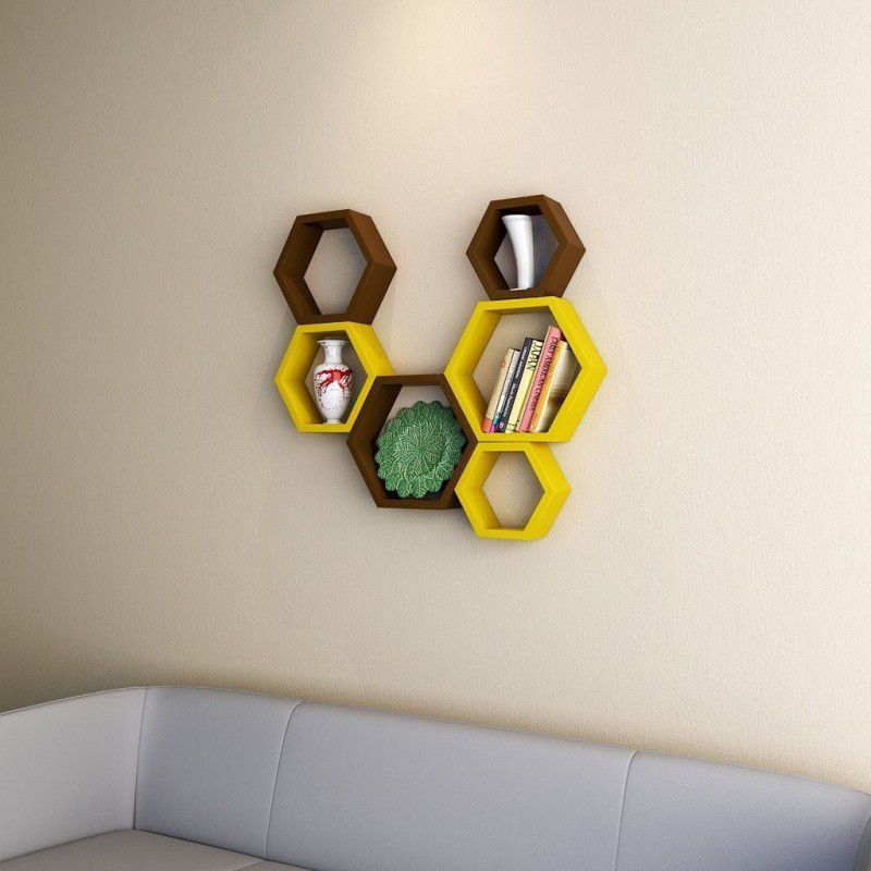 Samrah Hexagon Shape Wall Mounted Shelf Rack Designer for Living Room Set of 6 MDF (Medium Density Fiber) Wall Shelf  (Number of Shelves - 6, Brown, Yellow)