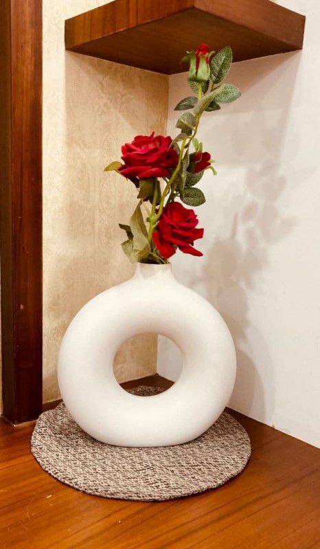 Caffeine Ceramic Handmade Donut White Matte Finish Decorative Flower Vase (Set of 1) Vase Filler  (Home Decor vase)