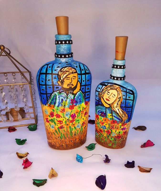 LB ONLINE ARTWORKS Hand Painted Couple Bottle Art Set of 2 with Cork Light for Home Décor and Gifts Decorative Bottle  (Pack of 2)