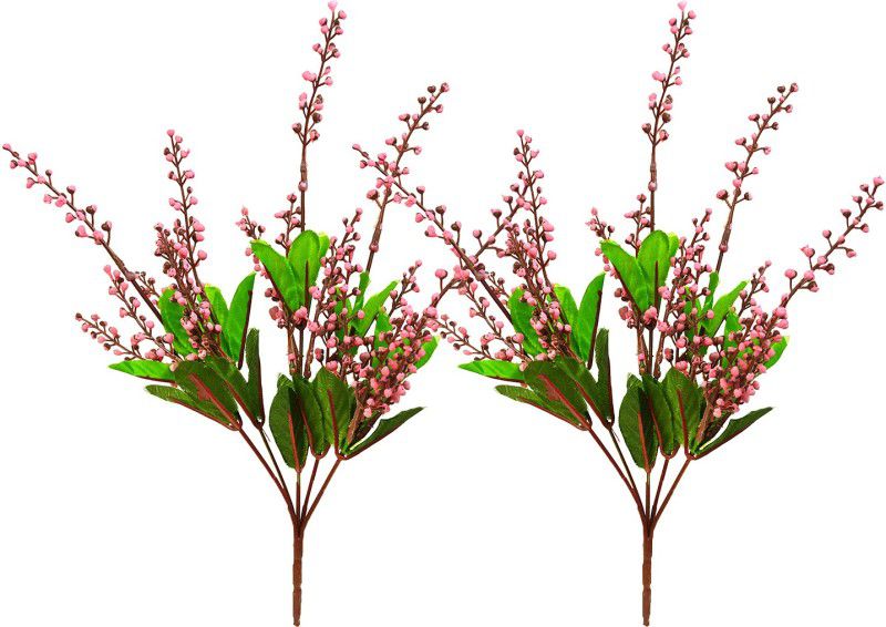 decormasters Pair of Artificial Plant Bunches Beads Leaves Bunch Wild Artificial Plant  (32 cm, Pink)