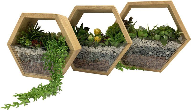 Cabinet Art Viola Set of 3 Wooden Decor Planter Artificial Plant with Pot  (25.4 cm, Beige)