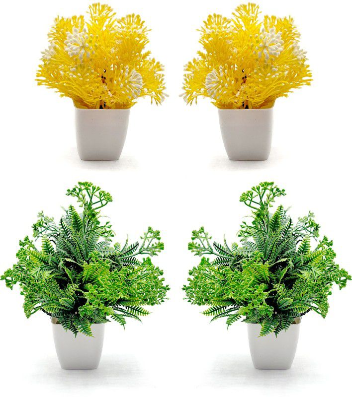 GOHIL Artificial Plants Pack of 4 for Home Office Decoration Bonsai Wild Artificial Plant with Pot  (15 cm, Yellow, Green)