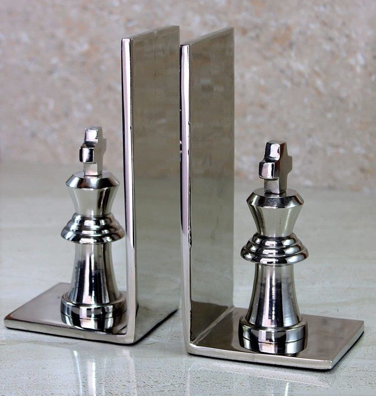 eSplanade Brass Chess King Book Ends or Book Shelf Organizer - Silver Plated - 7" Inches Brass Book End  (Silver, Pack of 2)