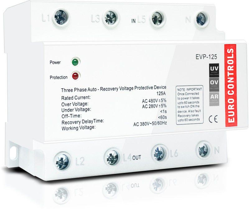 Euro Controls EVP-125 125A Three Phase Autonomous Over / Under Voltage Protector | Auto Fault Recovery  (White)