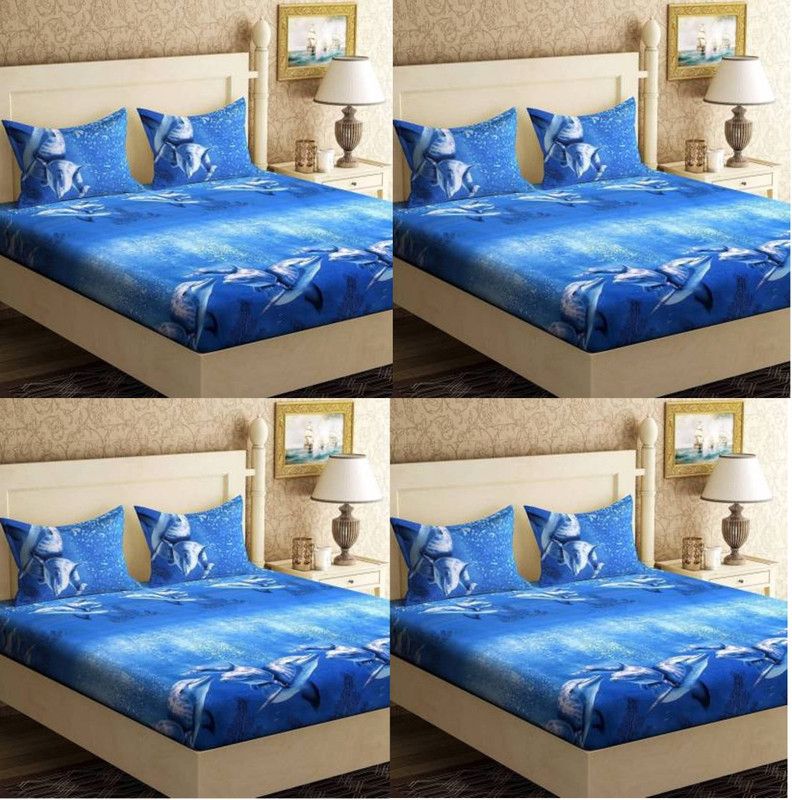 Elegant Decore 150 TC Polycotton Double Printed Flat Bedsheet  (Pack of 4, Blue)