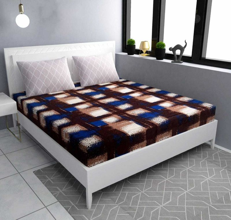 luxxybliss 250 TC Cotton Queen Printed Fitted (Elastic) Bedsheet  (Pack of 1, Brown)
