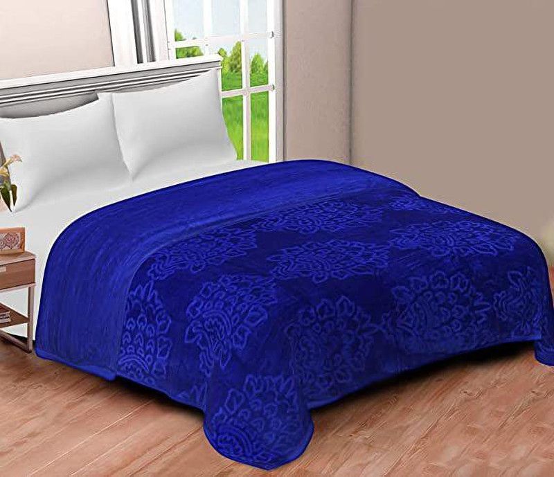HELGA Floral Double Mink Blanket for AC Room  (Woollen Blend, Blue)