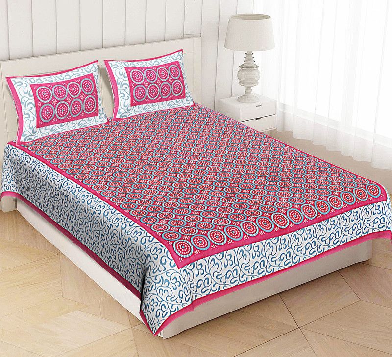Cotton Double Bed Spread  (Pink, White, 1 Bedsheet, 2 Pillow Covers)