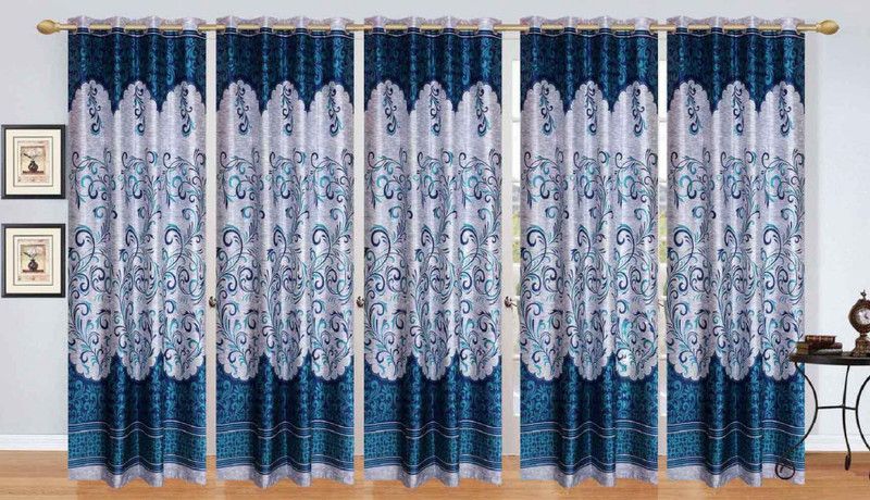 Flossy 212 cm (7 ft) Polyester Semi Transparent Door Curtain (Pack Of 5)  (Floral, Aqua)