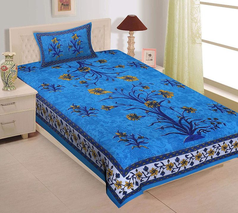 120 TC Cotton Single Floral Bedsheet  (Pack of 1, Green)