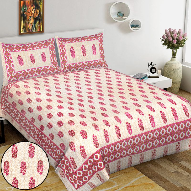 Welldeal 250 TC Cotton King Printed Flat Bedsheet  (Pack of 1, Pink)