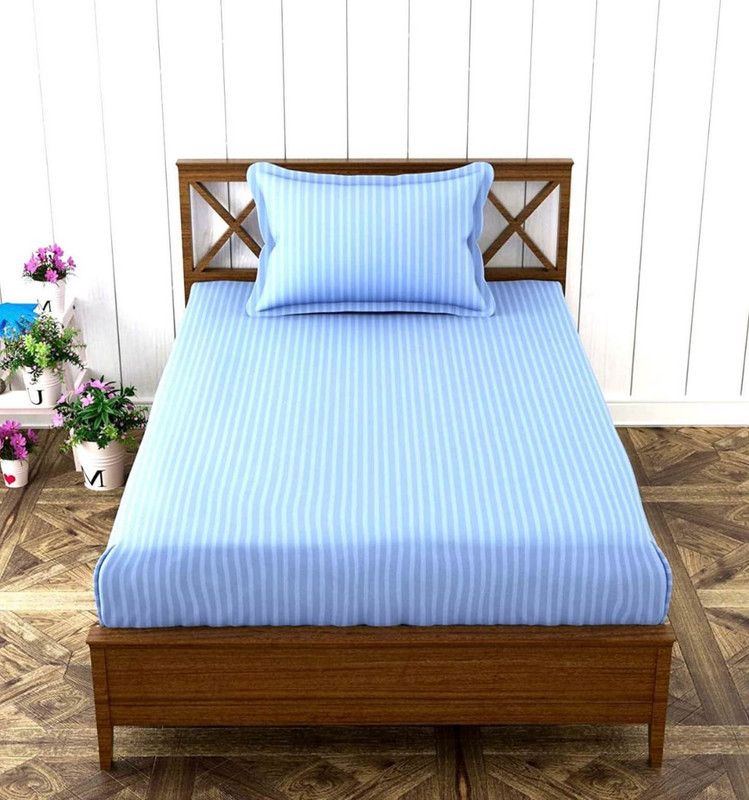 HHH FAB 220 TC Satin Single Striped Flat Bedsheet  (Pack of 1, AQUA)