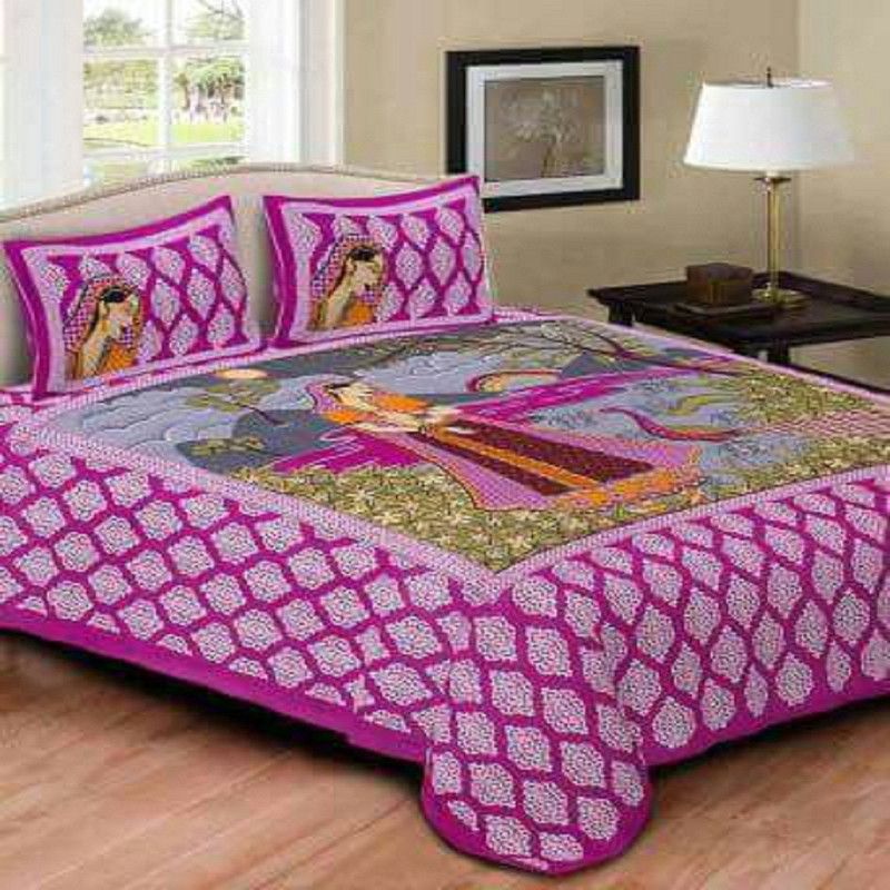 Panipat 240 TC Microfiber Double Jaipuri Prints Flat Bedsheet  (Pack of 1, Pink)