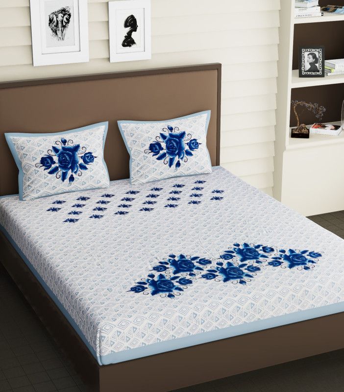 Flipkart SmartBuy 104 TC Cotton Double Jaipuri Prints Flat Bedsheet  (Pack of 1, Blue, White)
