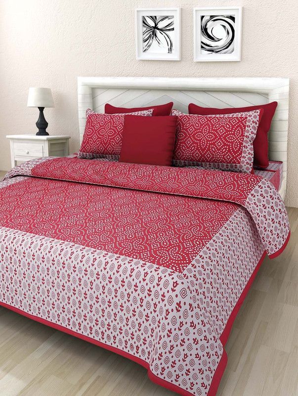 Leo Creation 144 TC Cotton Double Jaipuri Prints Flat Bedsheet  (Pack of 1, Red)