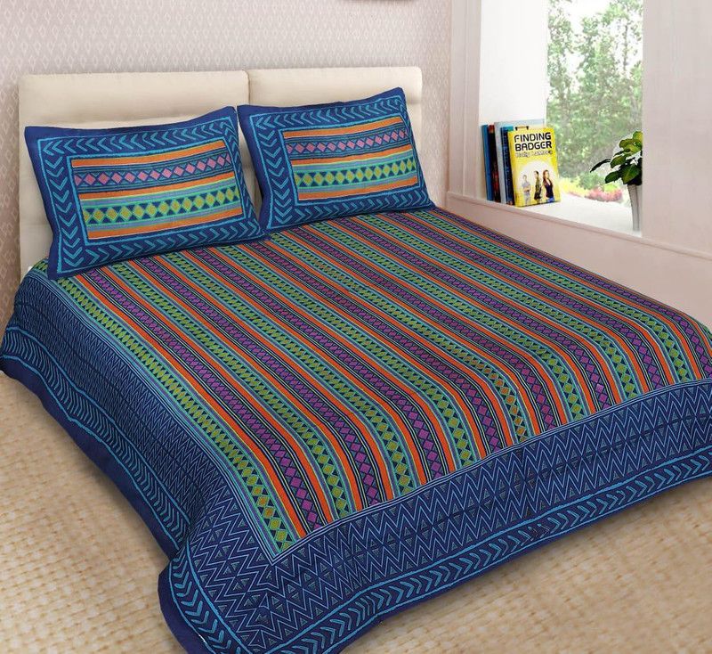 VIHANA LIFESTYL 280 TC Cotton Double Printed Flat Bedsheet  (Pack of 1, Blue)