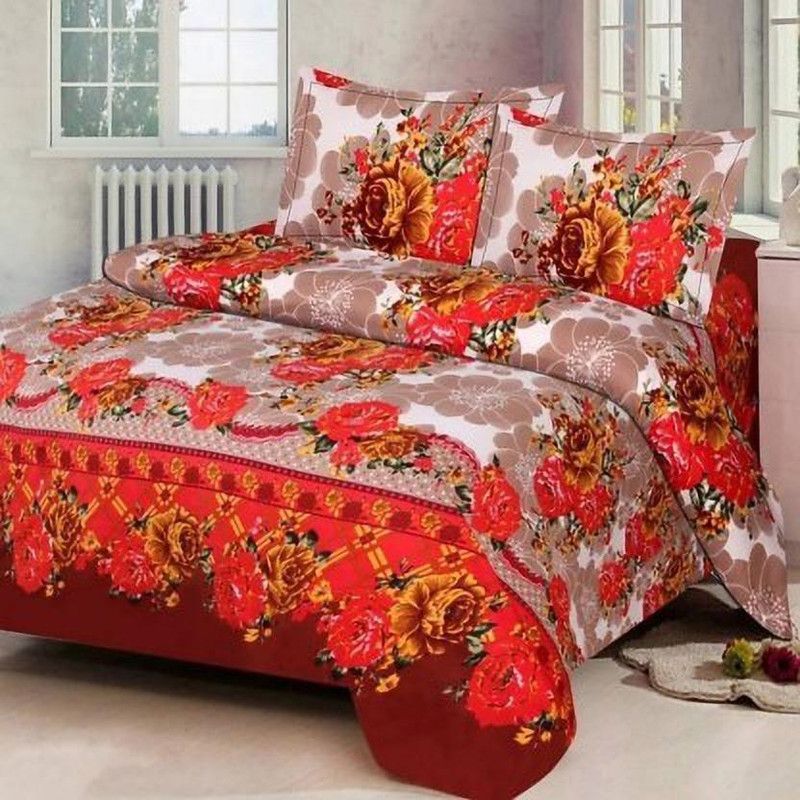 KIDSCOLLECTIONS 140 TC Microfiber Double Floral Flat Bedsheet  (Pack of 1, Red, Brown)
