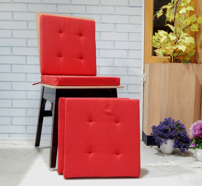 Home Colors Polyester Fibre Solid Chair Pad Pack of 4  (Red)