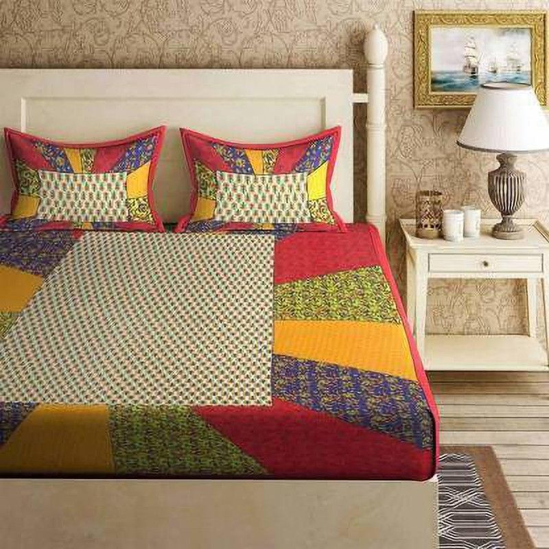 VIHANA LIFESTYL 144 TC Cotton Double Jaipuri Prints Flat Bedsheet  (Pack of 3, Multicolor)