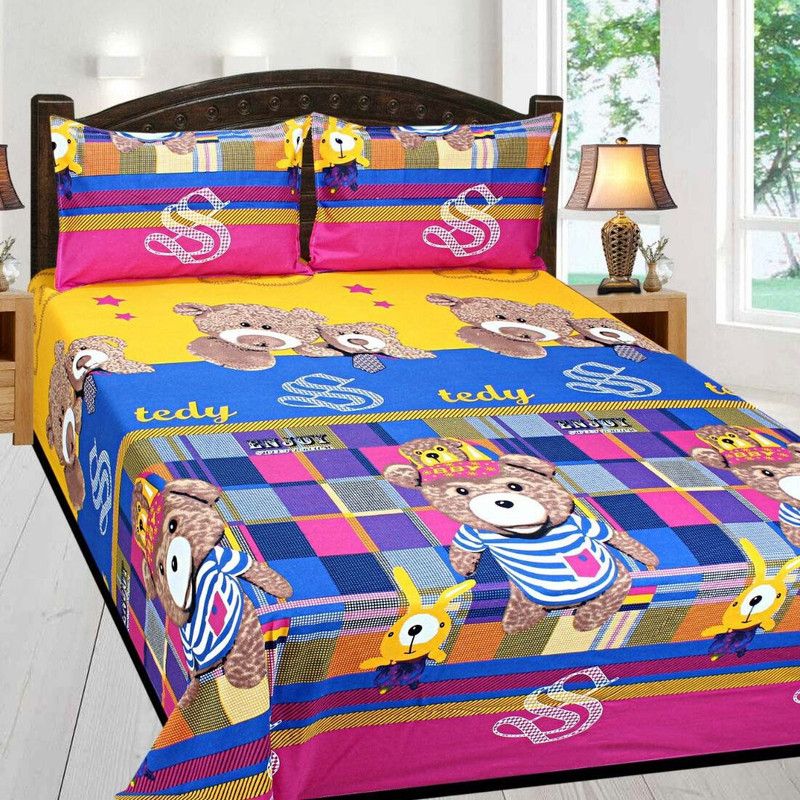 Hari Enterprises 144 TC Cotton Queen Cartoon Flat Bedsheet  (Pack of 3, Blue)