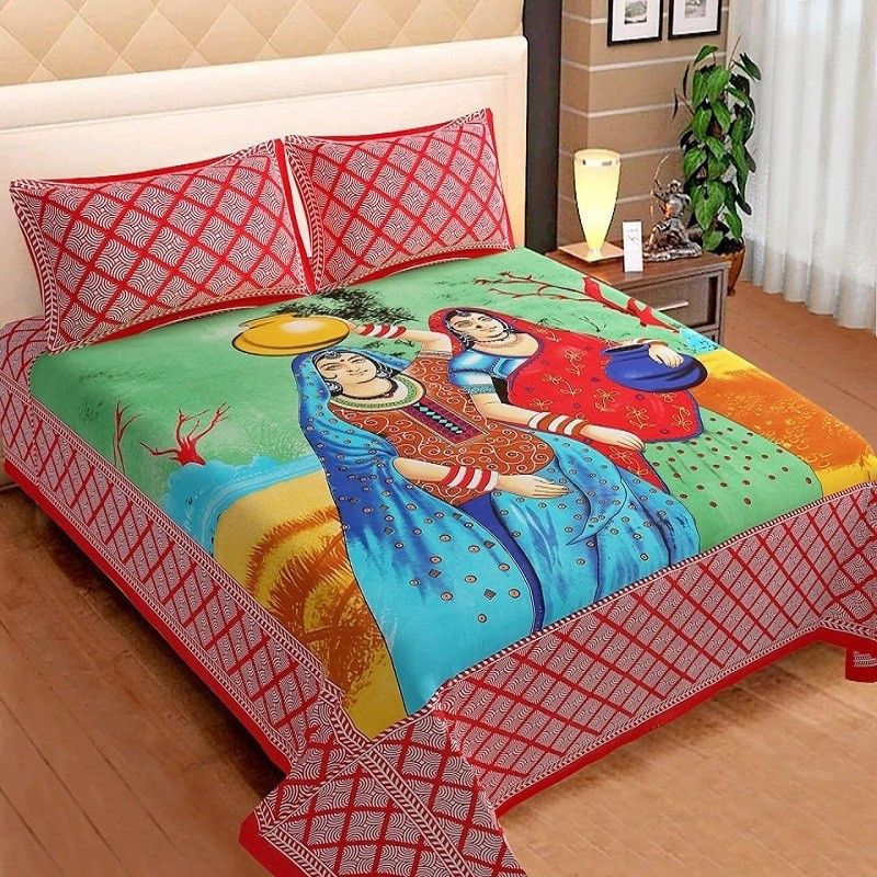 BATHAM HANDLOOM 104 TC Cotton Double Jaipuri Prints Flat Bedsheet  (Pack of 1, Multicolor)