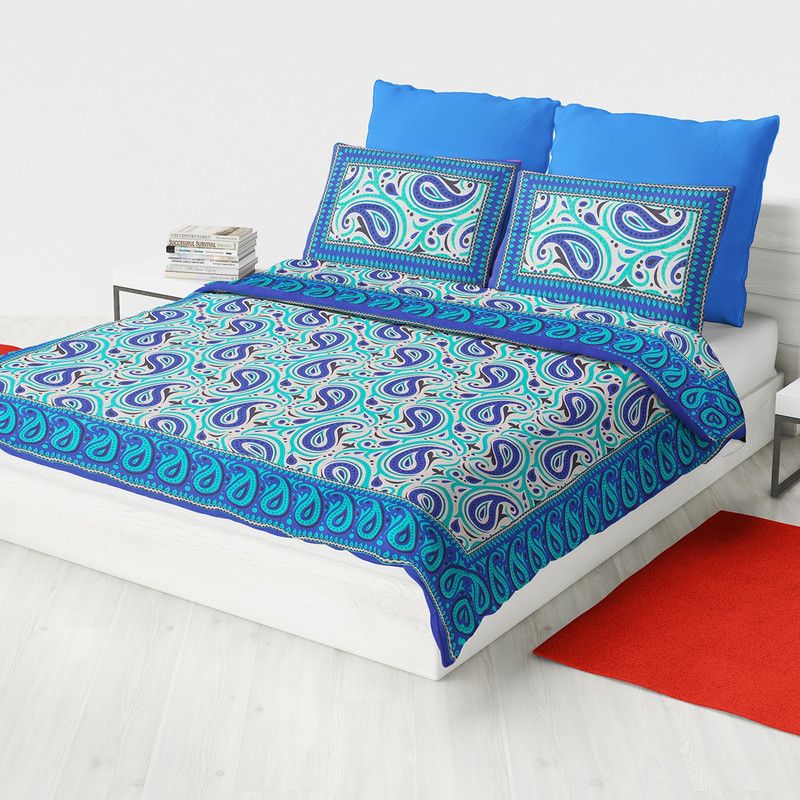 Monik Handicrafts 144 TC Cotton King Jaipuri Prints Flat Bedsheet  (Pack of 1, Blue)