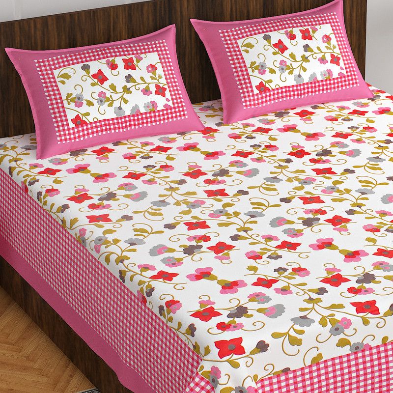 Laxmi vishnu trader 144 TC Cotton Queen, Double Jaipuri Prints Flat Bedsheet  (Pack of 1, Pink)