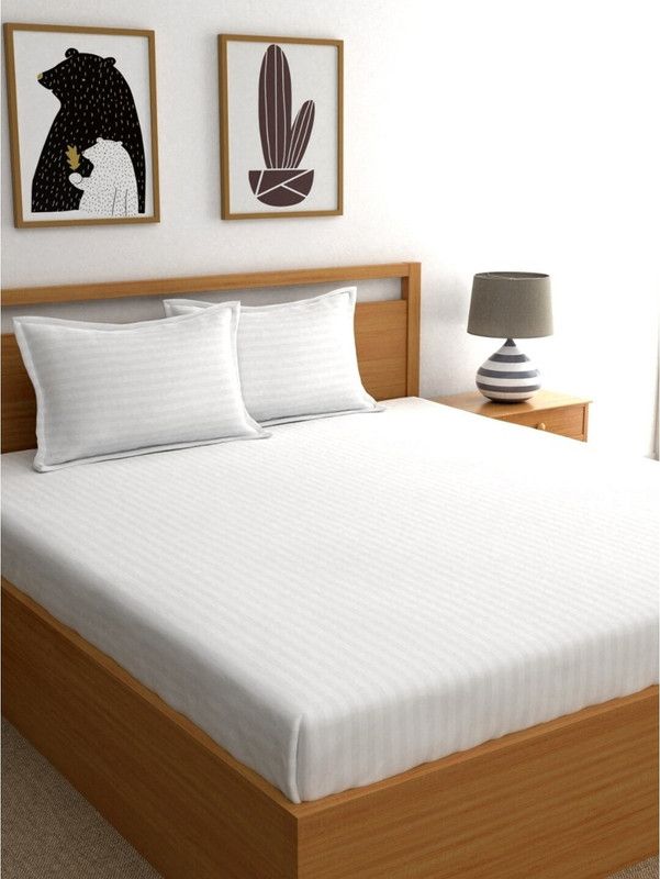 BROMWICK 300 TC Microfiber Double Striped Flat Bedsheet  (Pack of 1, White)